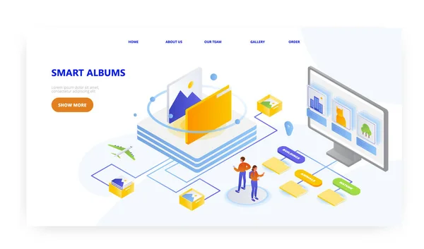 Akıllı fotoğraf albümleri, iniş sayfası tasarımı, web sitesi afiş vektör şablonu. Çevrimiçi resim galerisi. — Stok Vektör