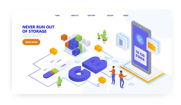 Never run out of storage, landing page design, website banner vector template. Get free 10gb data. — Archivo Imágenes Vectoriales