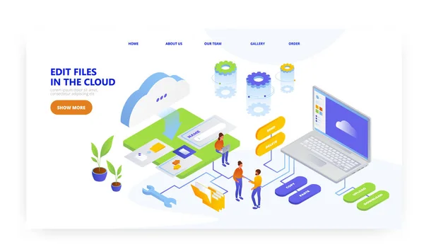 Edit files in cloud storage, landing page design, website banner vector template. — Archivo Imágenes Vectoriales