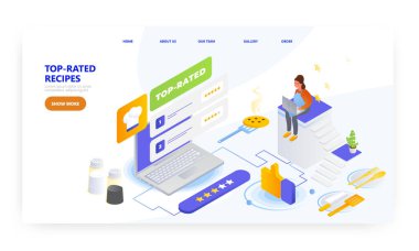 En iyi tarifler, iniş sayfası tasarımı, web sitesi pankart vektör şablonu. Çevrimiçi tarifler ve yemek kitapları.