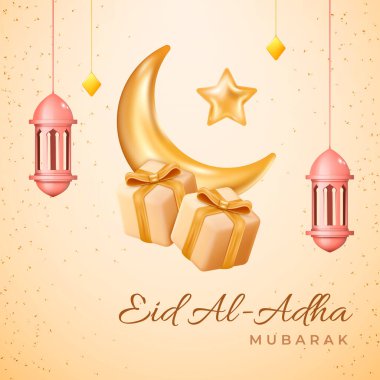 Kurban Bayramı kartlarının tasarımı 3d modern vektör tarzında. Ramazan feneri ve aylı Mübarek İslami bayramı afişi. Ramazan Müslüman madalyası ve arkaplan posteri. Kurban bayramınız kutlu olsun.