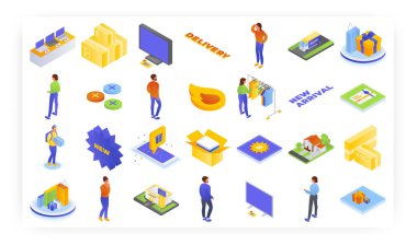 Çevrimiçi alışveriş ve dağıtım hizmeti, izometrik ikon seti, düz vektör izole illüstrasyon. İnternet mağazası. Yeni kıyafetler geldi. Kurye dükkandan müşteriye paket teslim ediyor..