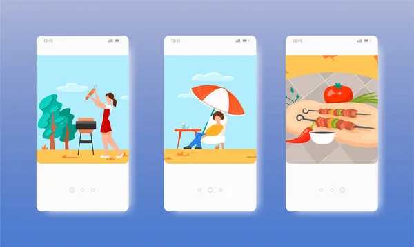 Letnie Przyjęcie Grillem Grillowane Mięso Szaszłyk Warzywami Ekrany Aplikacji Mobilnych — Wektor stockowy