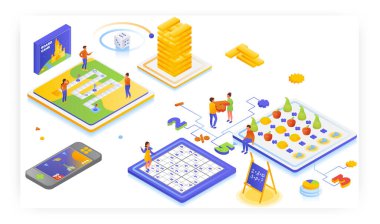 Çocuklar için matematik eğitici ve eğlenceli oyunlar, düz vektör izometrik illüstrasyon. Çocuklar matematik öğreniyor, masa oyunları oynuyor. Eğlenceli matematik ödevleri, sınavlar, sayı bulmacaları. Boş zaman aktivitesi