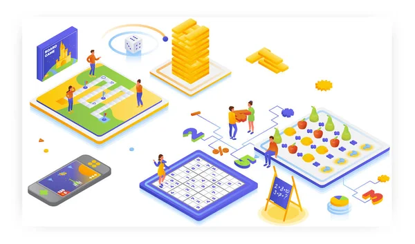 Çocuklar için matematik eğitici ve eğlenceli oyunlar, düz vektör izometrik illüstrasyon. Çocuklar matematik öğreniyor, masa oyunları oynuyor. Eğlenceli matematik ödevleri, sınavlar, sayı bulmacaları. Boş zaman aktivitesi