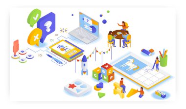 Preschool games, vector isometric illustration. Kids playing trivia quiz, blocks, drawing pictures, learning alphabet. Kindergarten, preschool room. Online learning games.