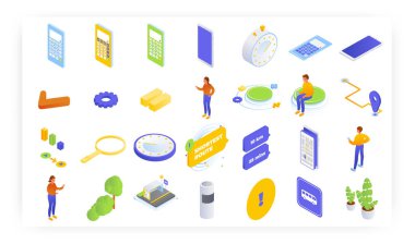 Çevrimiçi rota planlayıcısı ve hesap makinesi, izometrik simge seti, düz vektör izole çizimi. Cep telefonundaki en kısa ya da en hızlı yolu bul. Yolculuk planı.