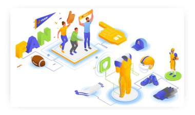 Amerikalı futbolcu ve taraftarlar, düz vektör izometrik çizim. Amerikan futbol üniforması ve ekipmanı. Takımın köpük parmağı. İnsanlar favori spor takımı için tezahürat yapıyor..