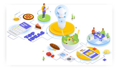 İyi yemek yapma fikirleri ve yemek pişirme fikirleri yok, düz vektör izometrik çizim. İnternette hızlı ve kolay yemek tarifleri.