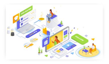 Yemek blogları, online tarifler, düz vektör izometrik çizimler. En iyi tarifler. Yemek blogcusu çevrimiçi.