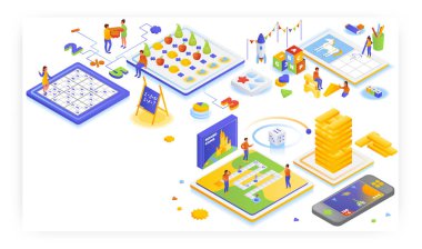 Çocuklar için matematik eğitici ve eğlenceli oyunlar, düz vektör izometrik illüstrasyon. Çocuklar matematiği eğlenceli matematik çalışma kağıtları, bulmacalar, bilmeceler, oyun blokları, masa oyunları, hayvanları çizerek öğrenirler..