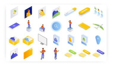 Hızlı resim araması, çevrimiçi resim galerisi veya akıllı fotoğraf albümü, izometrik simge seti, düz vektör izole resimleme.