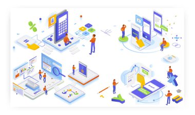 Hesap makineleri ve matematik denklem çözücü, düz vektör izometrik çizim. Matematik çözme kamerası mobil uygulaması. Çevrimiçi fotoğraf ve web ya da fiyat hesaplayıcıları.
