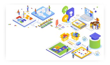 Çocuklar için mantıklı öğrenme oyunları, düz vektör izometrik çizimler. Çevrimiçi bilgi yarışması, domino, kelime bulmaca oyunları, hayvanların resimlerini birleştiren çocuklar..