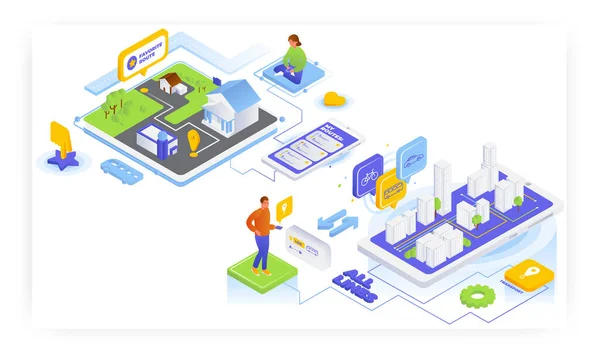 Transport App Flat Vector Isometric Illustration All Routes Mobile App — Archivo Imágenes Vectoriales