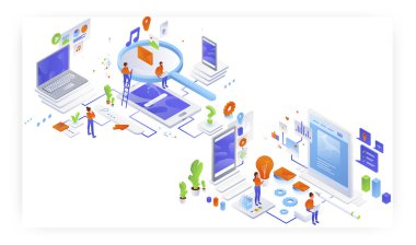 Bilgi arama ve web sitesi içerik oluşturma, düz vektör izometrik illüstrasyon. İnternet sitesi içeriği oluşturan ve müzik, resim ve diğer verileri internetten arayan insanlar.