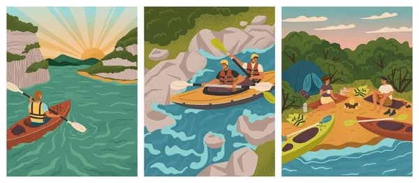 People Kayak Rowing River Water Adventure Sport Vector Posters Set — Vector de stock