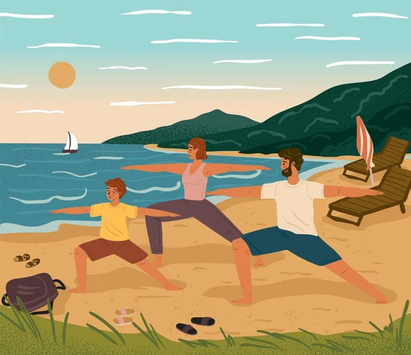 Outdoor Yoga Concept Vector Illustration Happy Family Training Together Beach — Vetor de Stock