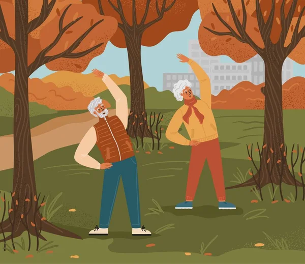 Senior Couple Exercise Park Healthy Retirement Life Concept Vector Illustration —  Vetores de Stock