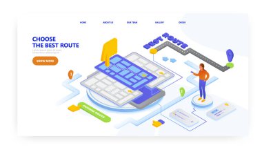 Choose the best route, landing page design, website banner template, flat vector isometric illustration. Find the best way on mobile or tablet. Road trip route planning.