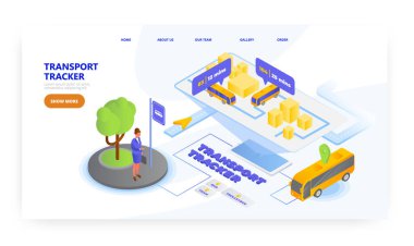 Taşıyıcı takip cihazı, iniş sayfası tasarımı, web sitesi afişi şablonu, düz vektör izometrik çizim. Şehir toplu taşıma konumu GPS izleme sistemi, navigasyon mobil uygulaması.