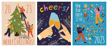 Mutlu Noeller ve mutlu yıllar tebrik kartları şablonu. Eski tarz kış tatili illüstrasyonlarının vektör seti. İnsanlar Noel ağacını süsler. 2023 yılbaşı el çizimi poster.