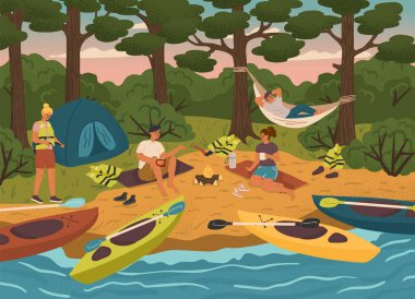 Nehirde kamp yapan ve ateşin etrafında oturan insanlar. Kamp alanı şenlik ateşi, çadır ve kano. Su macerası spor vektör illüstrasyonu. Erkek ve kadın rafting, kano ve kano yaptıktan sonra dinleniyorlar..