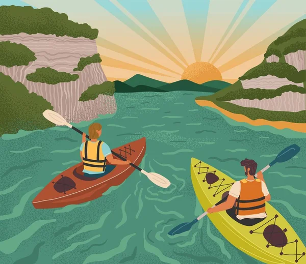 Pareja Kayak Remando Hasta Río Atardecer Juego Pósters Deportes Aventura — Vector de stock