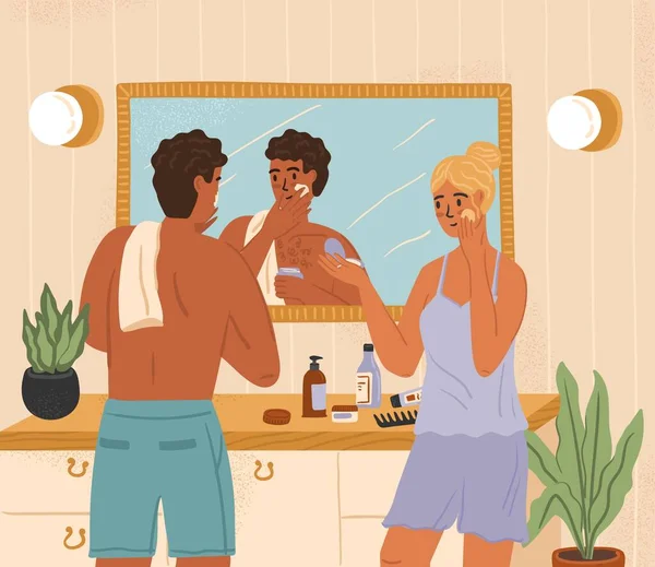 男性皮肤护理概念病媒海报 男男女女在浴室站在镜子前涂面霜 男性化妆品 护肤和美容治疗 — 图库矢量图片