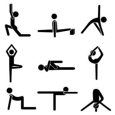 Yoga Pozisyonları Beyaz Arkaplan 'da izole edildi. Çubuk Şekil Resim Simgesi Vektör İllüstrasyonu