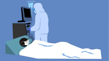 Covid-19 Salgını. Zatürree hastası ve koruyucu giysi doktoru yatakta monitör kontrol ediyor. Çubuk Şekil Vektörü İllüstrasyonu