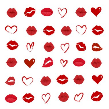 Sevgililer Günü Şablonu 'nda Sıcak Ruj İzleri ve El Çizimi Kalpler Beyaz Arkaplanda izole edildi. Vektör İllüstrasyonu