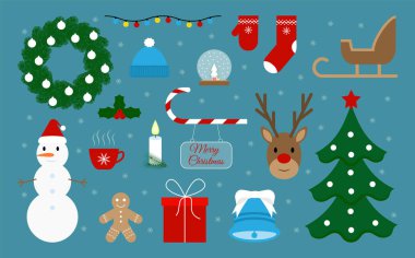 Mutlu Noeller. Şenlik dekorasyonu. Tatil kış unsurları. Vektör illüstrasyonu