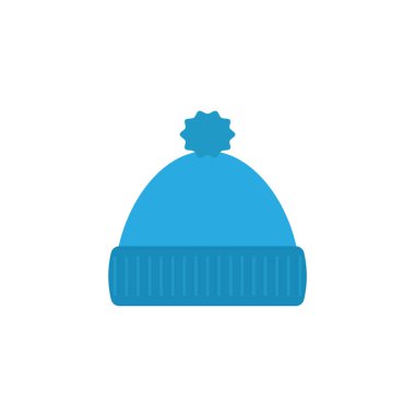 Beyaz arka planda izole edilmiş ponpon şapkalı kış mavisi şapka. Düz vektör çizimi. Çizgi film tasarımı