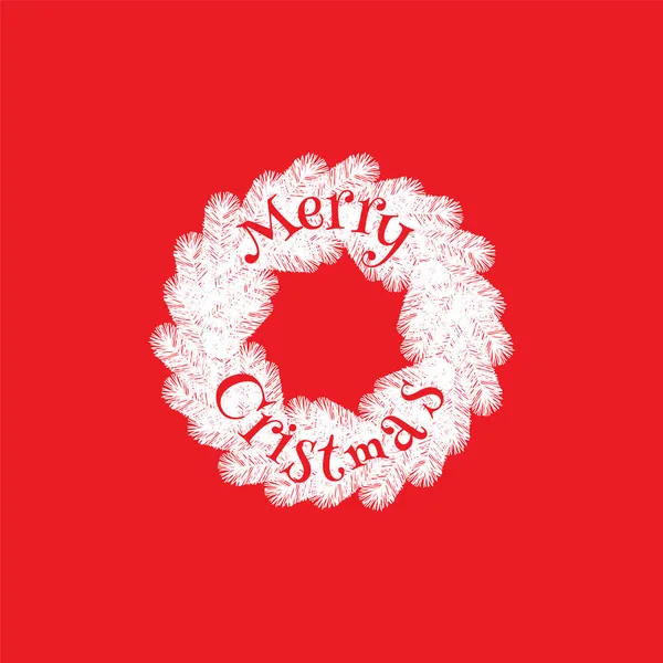 Beyaz çelenkli ve kırmızı arkaplanlı minimalist Noel afişi. Yaratıcı vektör çizimi. Şenlikli basit arkaplan