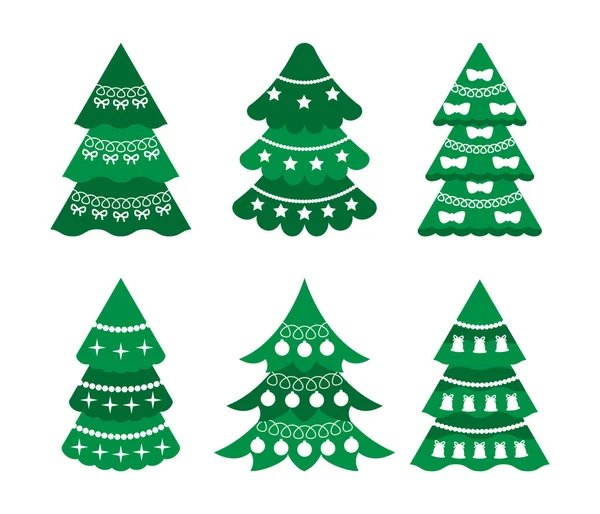 Set Decorated Christmas Trees Balls Bows Stars Bells Garland White —  Vetores de Stock