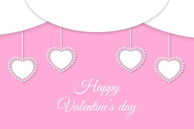 Happy Valentine's day background. 3D banner with beautiful hanging hearts and clouds with lettering on pink backdrop. Cute vector illustration. Papercut greeting card design