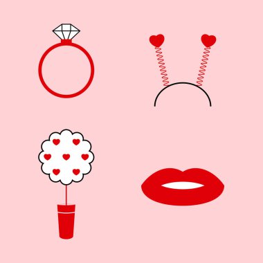 Sevgililer Günü elementleri. Elmas yüzük, saç bandı, çalı çırpı, dudaklar. Romantik vektör klip sanatı. Düz minimalist simgeler. Güzel şirin illüstrasyon