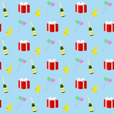 Doğum günün kutlu olsun. Kusursuz desenli hediye, balonlar, parti şapkası, camlı şampanya. Şenlikli vektör tasarımı. Parti ve kutlama dekorasyonu