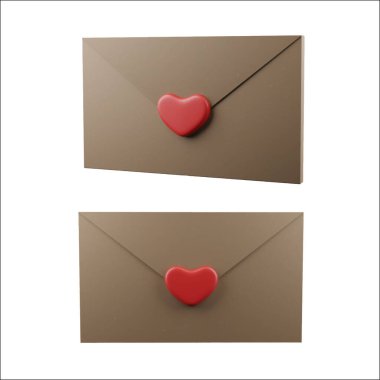 Set of Vector realistic craft envelopes with hearts for Valentine's Day. Business mail, office document, isolated illustration on white background.