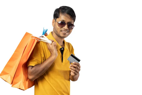 Middle Aged Indian Man Yellow Dress Shopping Bags Credit Card — Stock Photo, Image