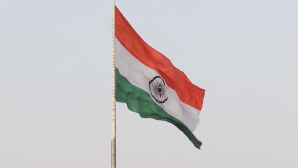 Indian National Flag Flying High Pole White Sky — Stockvideo