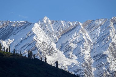 Close up of snow peak mountain range glowing in sunlight with clear blue sky
