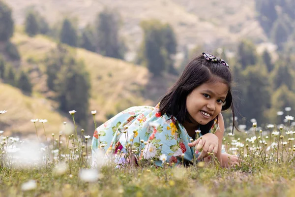 Cheerful Smiling Indian Girl Child Lying Field Full Calendula Flowers — Stockfoto