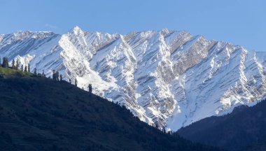 Close up of snow peak mountain range glowing in sunlight with clear blue sky