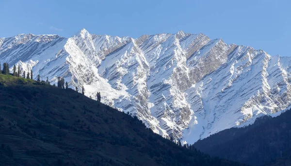 Close up of snow peak mountain range glowing in sunlight with clear blue sky