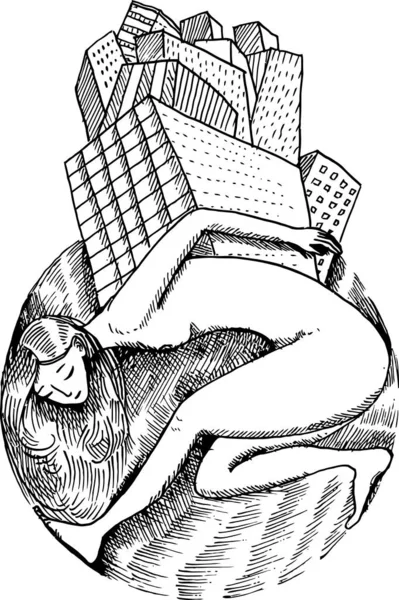 地球の女性は家からの圧力の下で曲げ 都市化 手描き ベクトル — ストックベクタ