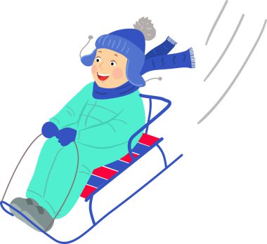 Cartoon cheerful boy is rolling down on a sled. Flat style.