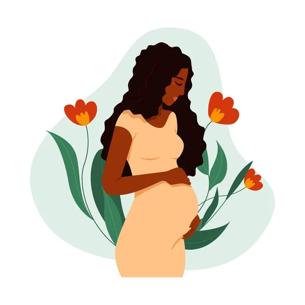 Happy Pregnant Black Woman Hugs Belly Isolated White Background Vector — Stock Vector