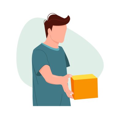 Yakışıklı genç adam kapalı bir kutu tutuyor. Hediye. Düz biçimli vektör illüstrasyonu.